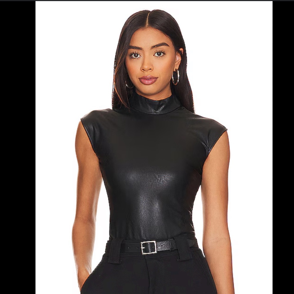 SPANX Mock Neck Faux Leather Bodysuit Top